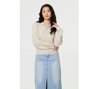 Izabel London Textured Wide Collar V-Neck Jumper - 16 - Cream