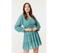 Izabel London Tiered Long Sleeve Mini Dress - Green - 12