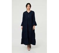 Izabel London Tiered Long Sleeve Relaxed Maxi Dress - 10 - Blue