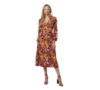 Izabel London Tropical Floral Print Long Sleeve Midi Dress for Women UK with a v-Neck and an Empire Waist. Orange