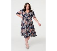 Izabel London Tropical Print 1/2 Sleeve Midi Wrap Dress In Blue Blue 10
