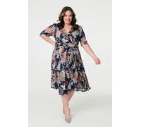 Izabel London Tropical Print 1/2 Sleeve Midi Wrap Dress - Navy - 16
