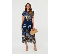 Izabel London Tropical Print Belted Midi Shirt Dress - 12 - Navy