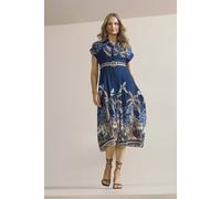 Izabel London Women's Tropical Print Belted Midi Shirt Dress in Navy | Size: 16 Izabel London Navy 16