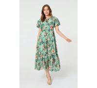 Izabel London Tropical Print Frill Tiered Midi Dress - Green - 10