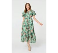 Tropical Print Frill Tiered Midi Dress Izabel London Green 12