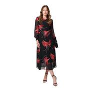 Izabel London Tropical Print Mesh Layered Midi Dress for Women UK with Long Puff Sleeves and a Round Neck.