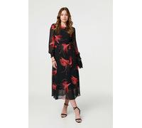 Izabel London Tropical Print Mesh Layered Midi Dress - Red - 14