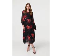 Izabel London Women's Tropical Print Mesh Layered Midi Dress in Red | Size: 8 Izabel London Red 8