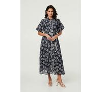 Izabel London Tropical Print Puff Sleeve Midi Dress - 18 - Navy