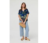 Izabel London Tropical Print Short Sleeve Relaxed Top - 10 - Navy