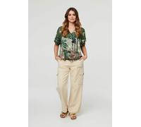 Izabel London Women's Tropical Print Short Sleeve Relaxed Top in Khaki | Size: 8 Izabel London Khaki 8