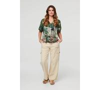 Izabel London Women's Tropical Print Short Sleeve Relaxed Top in Khaki | Size: 14 Izabel London Khaki 14
