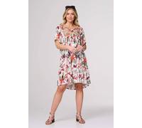 Tropical Print Tie Neck Knee Length Dress Izabel London White 12