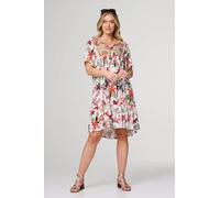 Tropical Print Tie Neck Knee Length Dress Izabel London White 12