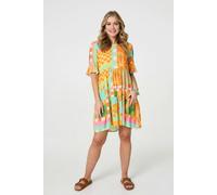 Izabel London Tropical Tile Print Smock Dress In Orange Orange 8