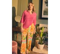 Izabel London Tropical Tile Print Wide Leg Trousers In Orange Orange 16