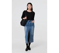 Izabel London Washed Denim Split Hem Knee Length Skirt - Blue - 14