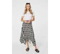 Izabel London Wave Print Hanky Hem Belt Midi Skirt In Black Black 10