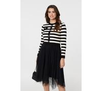 Izabel London 2-In-1 Dress With Striped Top & Midi Mesh Skirt - Black And White - 16
