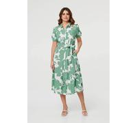 Izabel London Women's Abstract Floral Tie Waist Midi Dress in Green | Size: 18