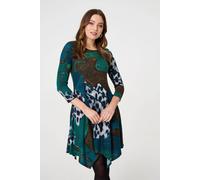 Izabel London Women's Abstract Hanky Hem 3/4 Sleeve Midi Dress in Green | Size: 14