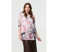 Izabel London Abstract Print Mesh Layer 3/4 Sleeve Tunic for Women UK with a Round Neck and semi Sheer Sleeves. Pink