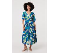 Izabel London Abstract Ruched 3/4 Sleeve Midi Dress - Green - 12