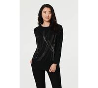 Izabel London Women's Abstract Sparkly Long Sleeve Top in Black | Size: Large Izabel London Black L