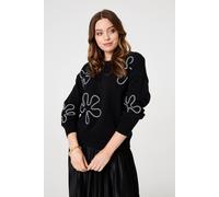 Izabel London Abstract Textured Long Sleeve Jumper for Women UK with a Round Neck and Relaxed Drop Shoulders. Black