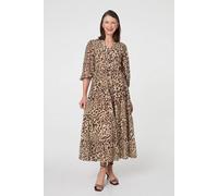 Izabel London Women's Animal Print 3/4 Puff Sleeve Midi Dress in Brown | Size: 8