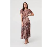 Izabel London Women's Animal Print Angel Sleeve Maxi Dress in Brown | Size: 12