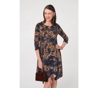 Izabel London Animal Print Hanky Hem Knee Length Dress for Women UK with a fit & Flare Shape and 3/4 Sleeves. Blue