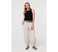 Izabel London Women's Belted Relaxed Wide Leg Barrel Trousers in Beige | Size: XL