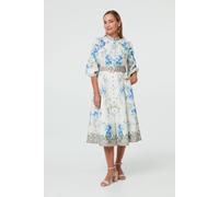 Izabel London Women's Border Print Belt A-Line Midi Dress in White | Size: 10