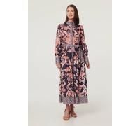 Izabel London Women's Border Print High Neck Maxi Shirt Dress in Navy | Size: 14 Izabel London Navy 14