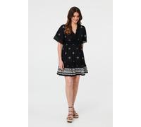 Izabel London Women's Border Print Lace 1/2 Sleeve Short Dress in Black | Size: 14