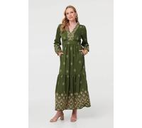 Izabel London Women's Border Print Long Sleeve Maxi Dress in Green | Size: 10