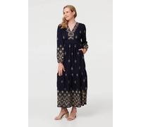 Izabel London Women's Border Print Long Sleeve Maxi Dress in Navy | Size: 12