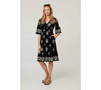 Izabel London Border Print Ruched Knee Length Dress In Black Black