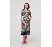 Izabel London Border Print Ruched V-Neck Midi Dress In Blue Blue 14