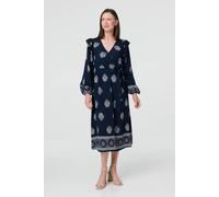 Izabel London Women's Border Print Tie Waist Wrap Midi Dress in Navy | Size: 16