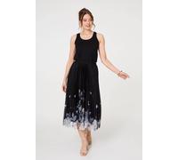 Izabel London Butterfly Print Pleated Mesh Midi Skirt - Black - S/M