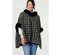 Izabel London Women's Checked Faux Fur Trim 3/4 Sleeve Poncho in Black Izabel London Black One Size