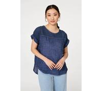 Izabel London Women's Contrast Texture Relaxed Curve Hem Top in Navy | Size: 10