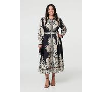 Izabel London Women's Curve Floral Border Tie Waist Midi Dress in Black | Size: 20