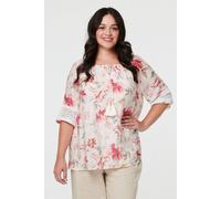Izabel London Women's Curve Floral Lace Bardot Neck Blouse in Pink | Size: 20