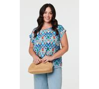 Izabel London Women's Curve Printed Cap Sleeve Relaxed Blouse in Blue | Size: 20