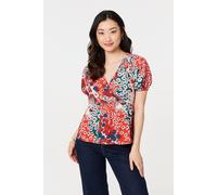 Izabel London Ditsy Floral Faux Wrap V-Neck Top - Orange - 8