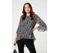 Izabel London Ditsy Floral Flare Sleeve Curve Hem Blouse In Black Black 10